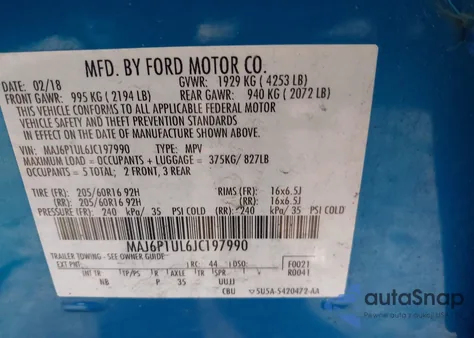 2018 Ford Ecosport Se из США, поврежденный, VIN MAJ6P1UL6JC197990